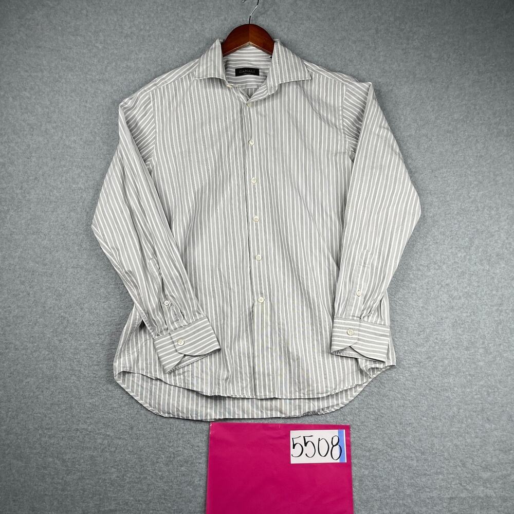 Canali Shirt Adult 16 White Gray Striped Button Up Long Sleeve Casual Italy Mens